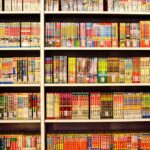 Vibrant shelves filled with Japanese manga in a bookstore. Perfect for comic enthusiasts.